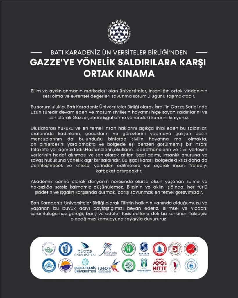 Batı Karadeniz Üniversiteler Birliği’nden Gazze’ye Yönelik Saldırılara Ortak Kınama