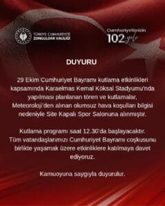 Zonguldak’ta 29 Ekim kutlamaları olumsuz hava nedeniyle salona alındı