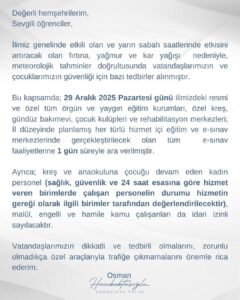 Zonguldak’ta beklenen fırtına ve kar yağışı nedeniyle okullar tatil edildi