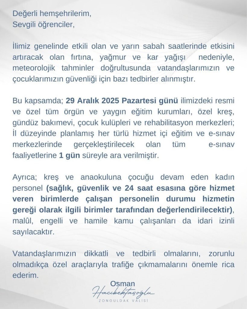 Zonguldak’ta beklenen fırtına ve kar yağışı nedeniyle okullar tatil edildi